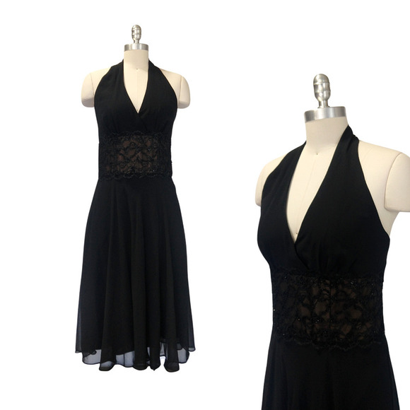Vintage Y2K Black Halter Dress Size 8 Scarlett Lace Beaded Chiffon 2000s Prom - Picture 1 of 9